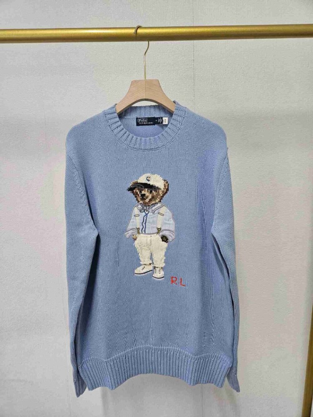 Ralph Lauren Polo‑Bear Light Blue Cotton Crewneck Knit Sweater Unisex - Picture 1 of 6